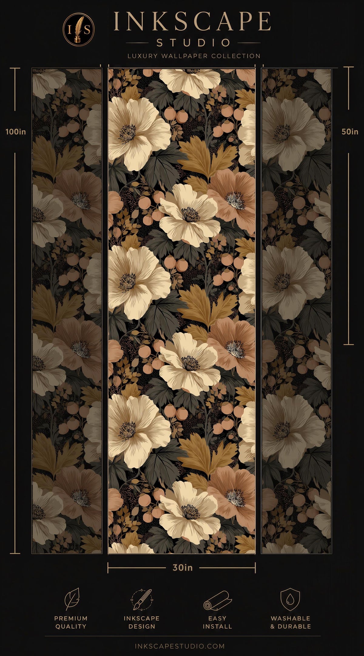 The image is a collage of three panels, each featuring a floral pattern in shades of brown and white. The panels are arranged in a vertical format, with the largest panel at the top and the smallest at the bottom. The image is described as a luxury wallpaper collection, and it is 30 inches wide. The panels are designed to be easy to install and washable.