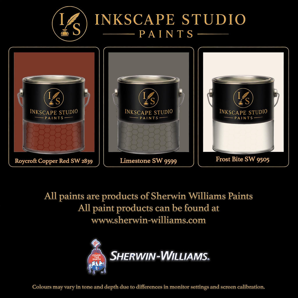 The image is an advertisement for Sherwin Williams paints, featuring three different paint colors: copper red, limestone, and frost bite. The text highlights that all paints are products of Sherwin Williams Paints, and the website www.herwin-williams.com is provided for further information. The image also mentions that the colors may vary in tone and depth due to differences in monitor settings and screen calibration.