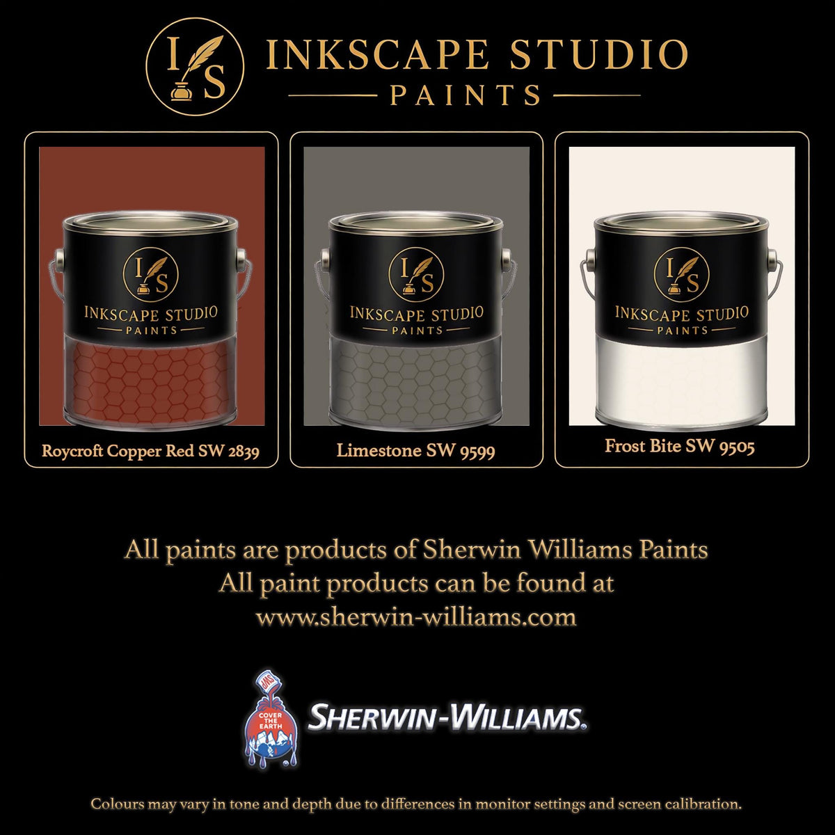 The image is an advertisement for Sherwin Williams paints, featuring three different paint colors: copper red, limestone, and frost bite. The text highlights that all paints are products of Sherwin Williams Paints, and the website www.herwin-williams.com is provided for further information. The image also mentions that the colors may vary in tone and depth due to differences in monitor settings and screen calibration.