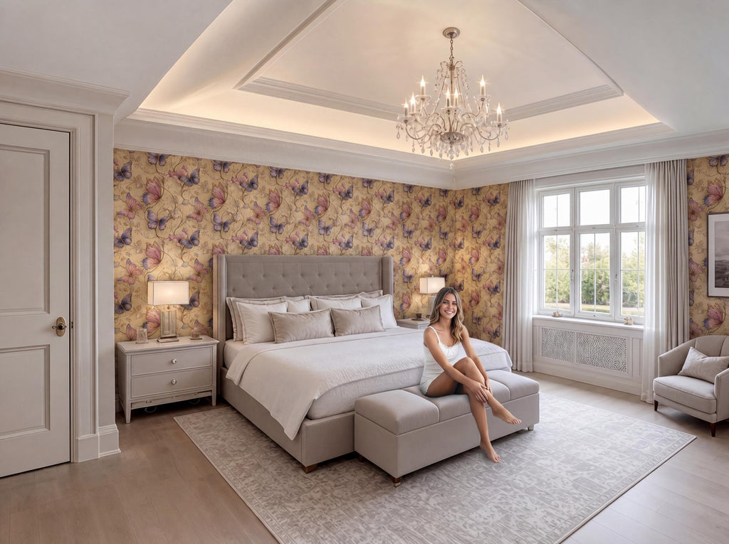 A woman sits on a bench in a luxurious bedroom with a large bed, floral wallpaper, and a chandelier overhead.