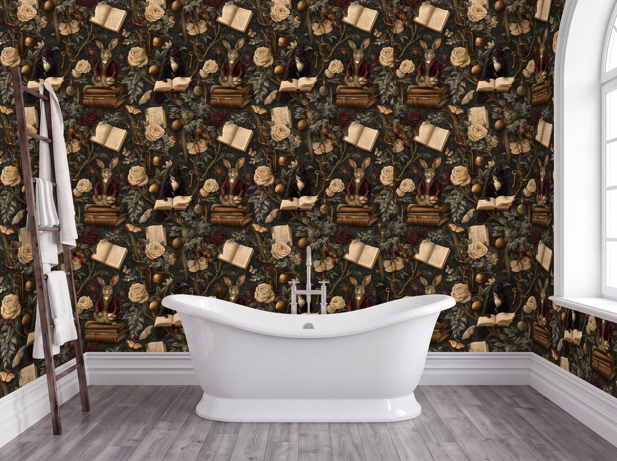 a bathroom with a white freestanding bathtub in the center, surrounded by a dark floral wallpaper with various objects such as books, vases, and bottles.