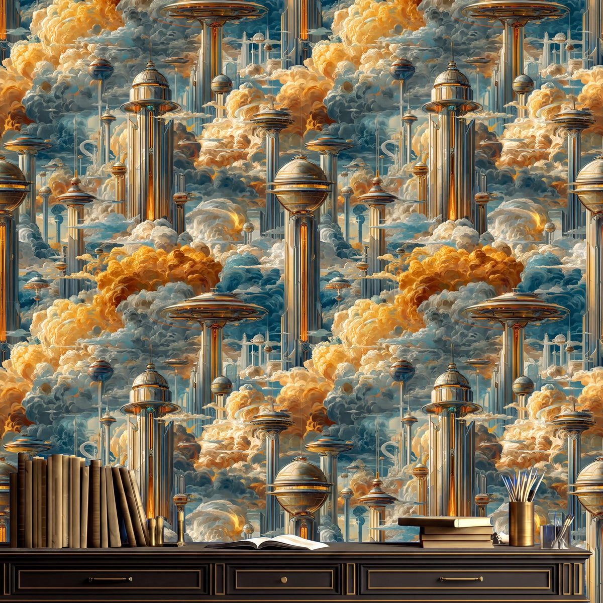 The image is a vibrant and imaginative wallpaper design featuring a futuristic cityscape with tall, metallic structures and floating objects against a backdrop of clouds and sky.