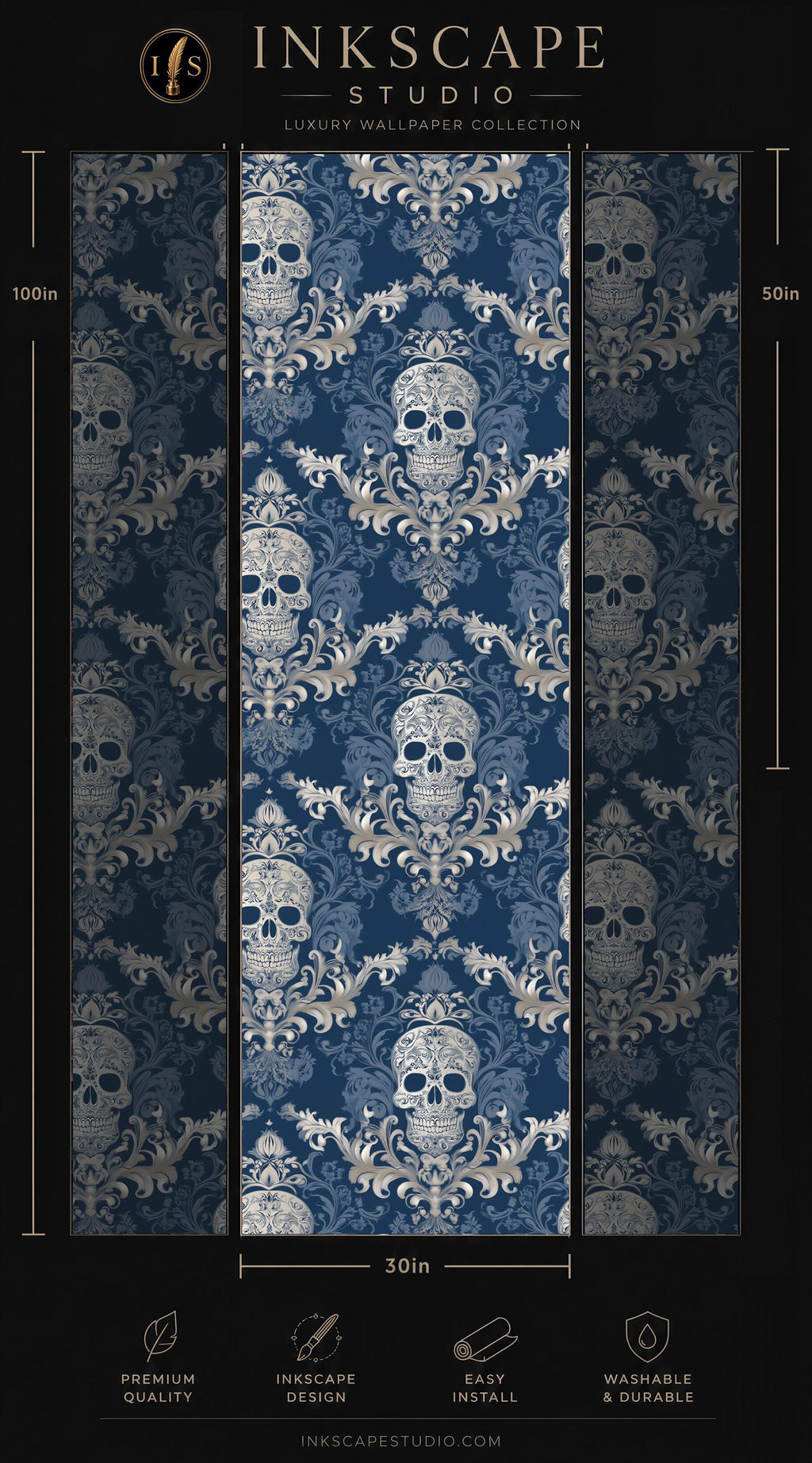 The image is a collage of three panels, each featuring a repeating pattern of skull designs in shades of blue and gold. The panels are arranged in a vertical format, with the top panel being the largest and the bottom panel being the smallest. The text in the image provides information about the wallpaper, including its size, premium quality, and ease of installation.