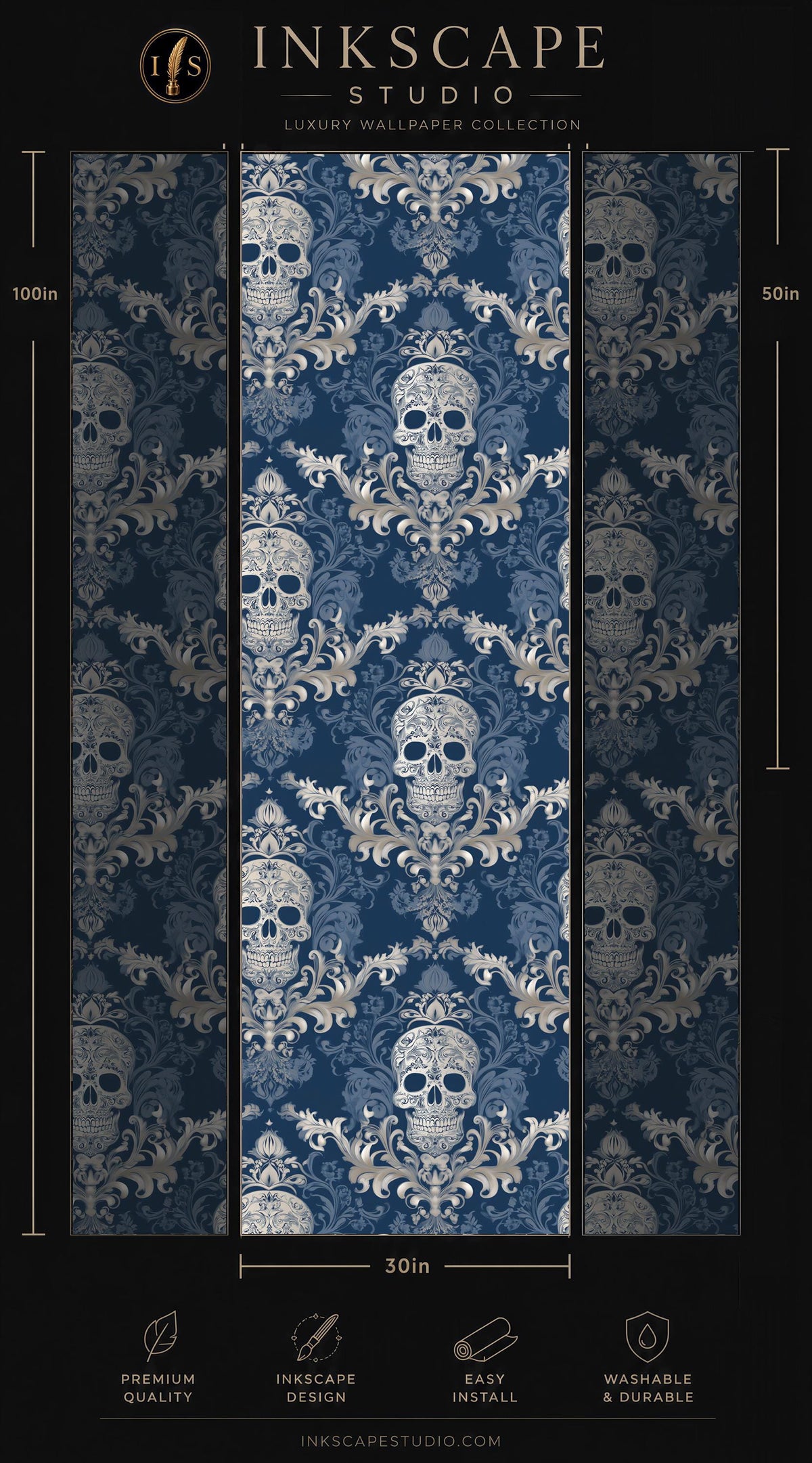 The image is a collage of three panels, each featuring a repeating pattern of skull designs in shades of blue and gold. The panels are arranged in a vertical format, with the top panel being the largest and the bottom panel being the smallest. The text in the image provides information about the wallpaper, including its size, premium quality, and ease of installation.