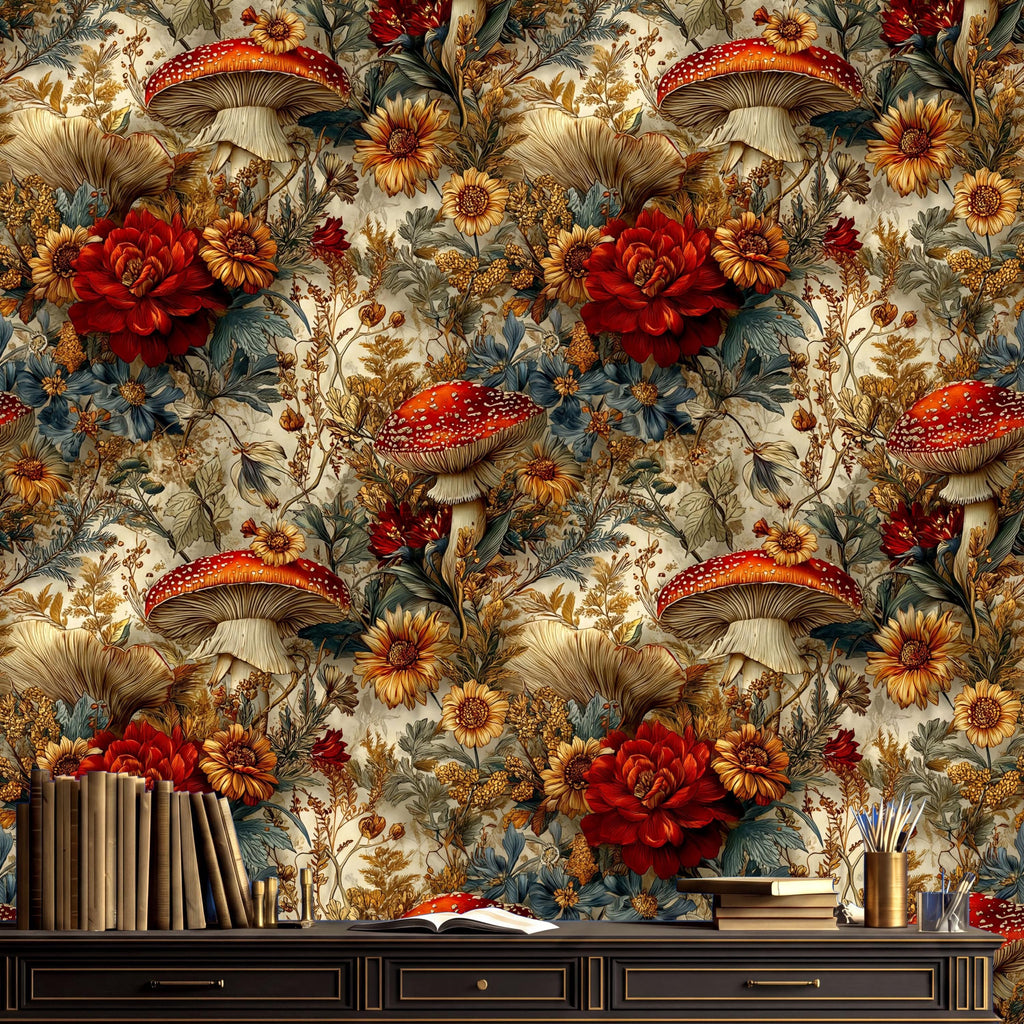a vibrant and detailed wallpaper pattern with a variety of colorful flowers and mushrooms. The wallpaper is adorned with red, orange, and yellow flowers, along with mushrooms with red caps. The pattern is intricate and visually striking, creating a lively and dynamic atmosphere in the room.
