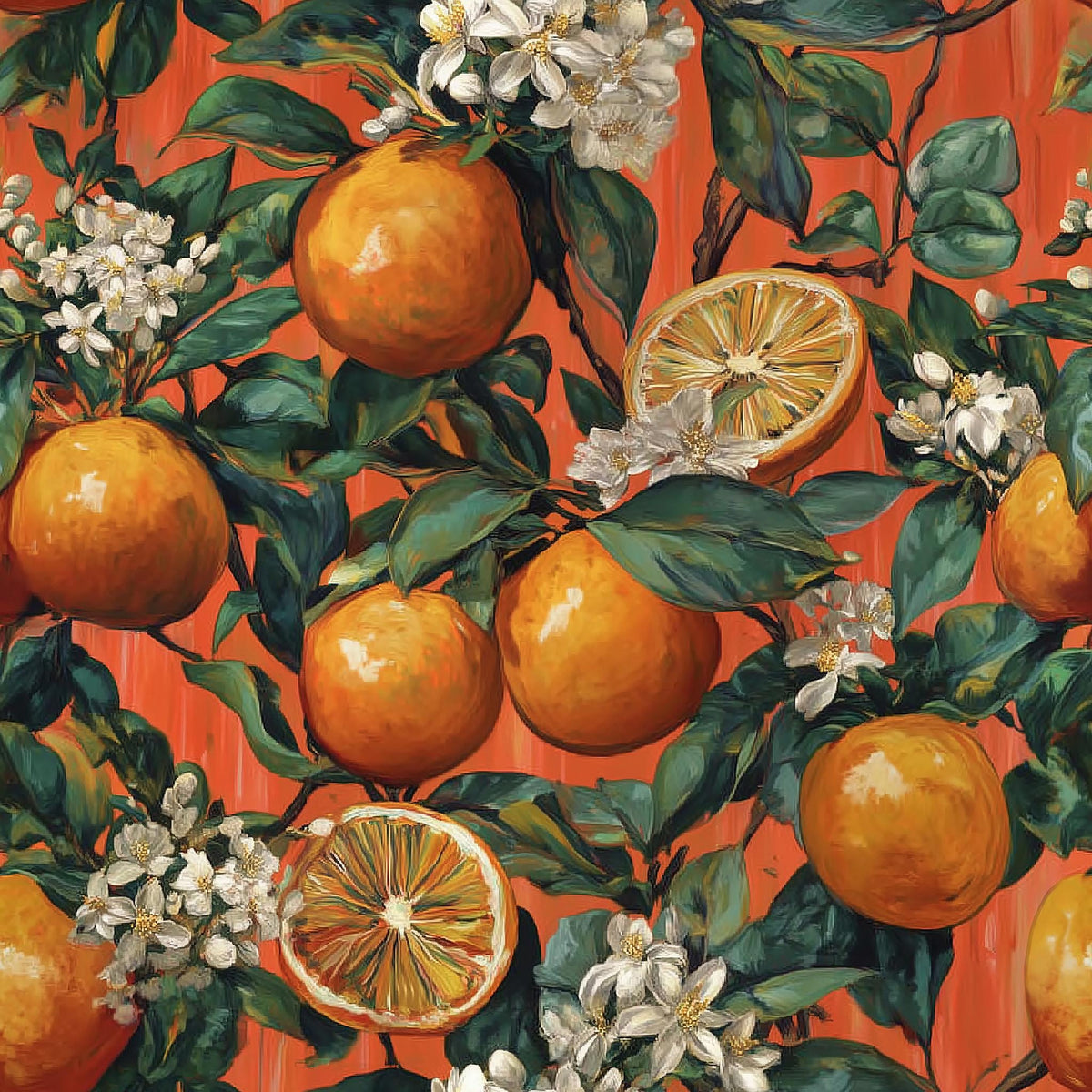 The image is a vibrant and detailed painting of an orange tree with numerous oranges, white flowers, and green leaves.