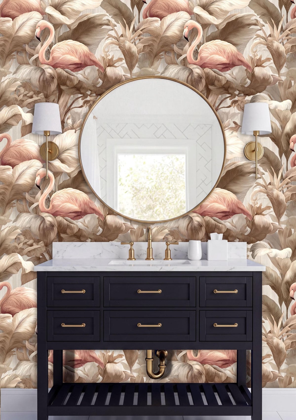 a bathroom vanity with a black cabinet and a round mirror above it. The wall behind the vanity has a large floral wallpaper with pink flamingos. Two wall sconces are mounted on either side of the mirror.