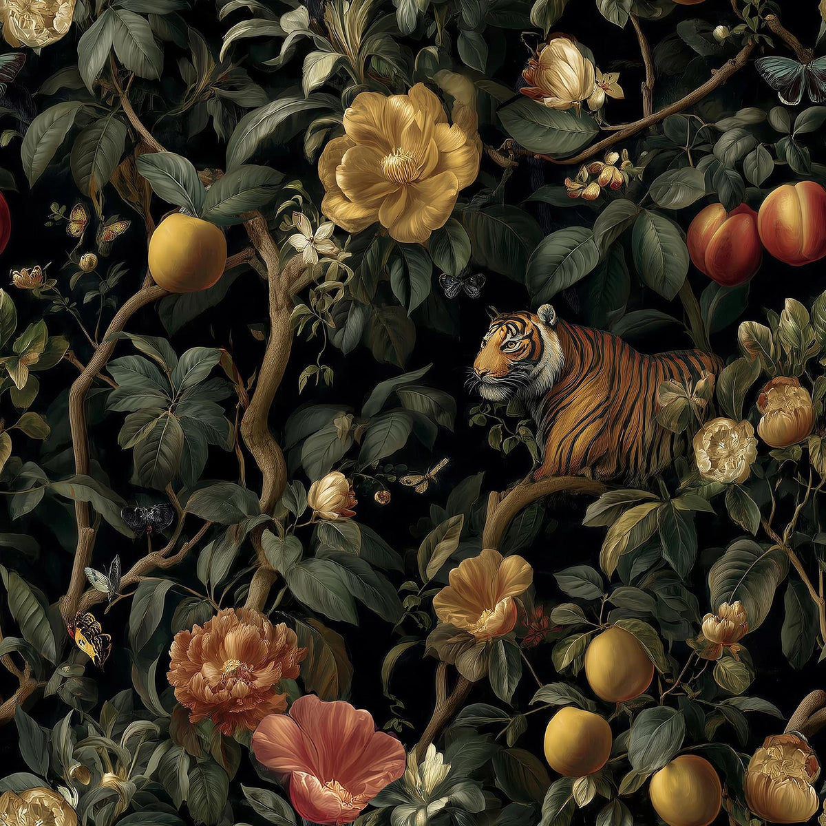 The image is a detailed illustration of a tiger surrounded by a lush, verdant forest filled with various fruits and flowers.
