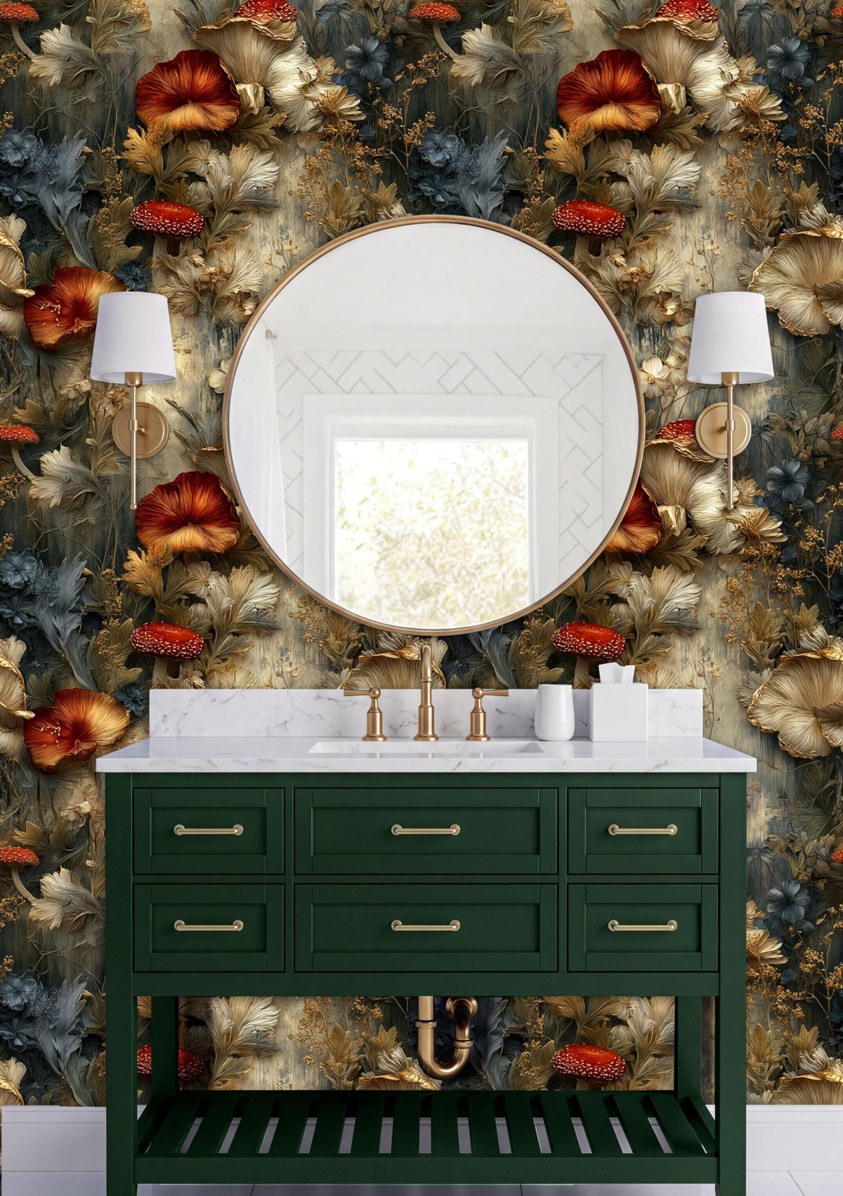 a bathroom vanity with a green cabinet and a white countertop. The vanity has a round mirror above it, and there are two white lamps on either side of the mirror. The wall behind the vanity is covered in a floral wallpaper with red and gold flowers.