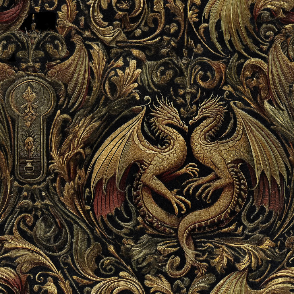 a detailed and ornate dragon design with intricate patterns and textures, including floral and scrollwork elements.