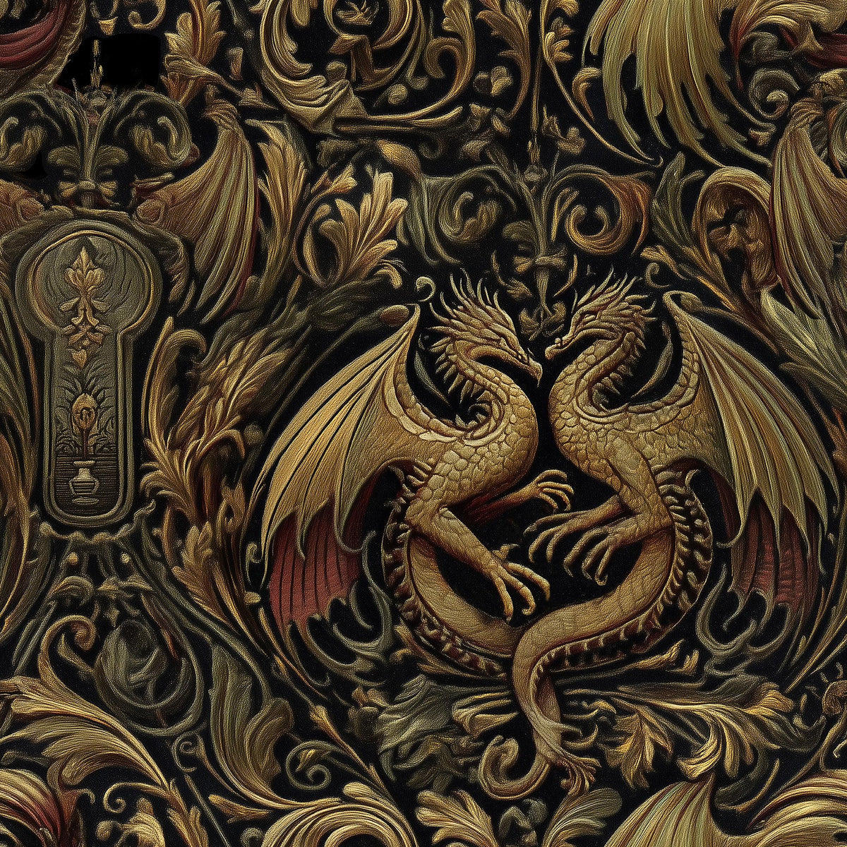 a detailed and ornate dragon design with intricate patterns and textures, including floral and scrollwork elements.