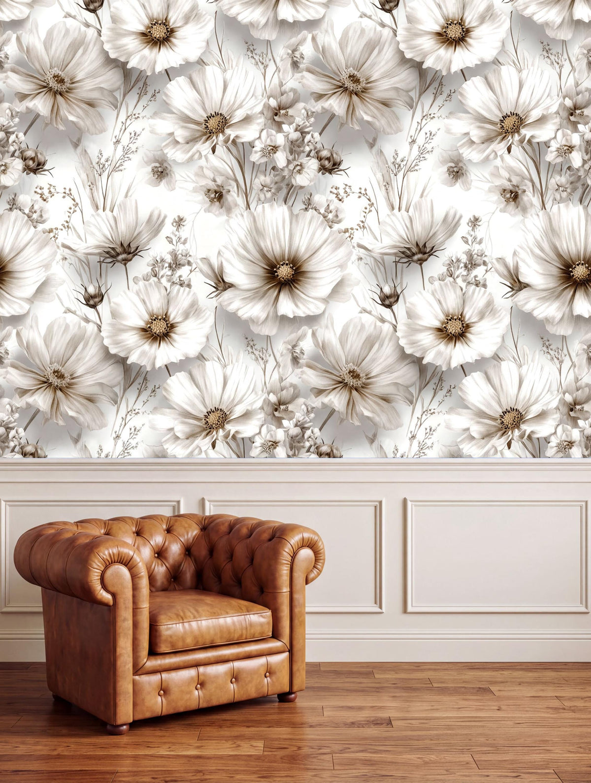 a brown leather armchair positioned in front of a wall with a floral wallpaper.