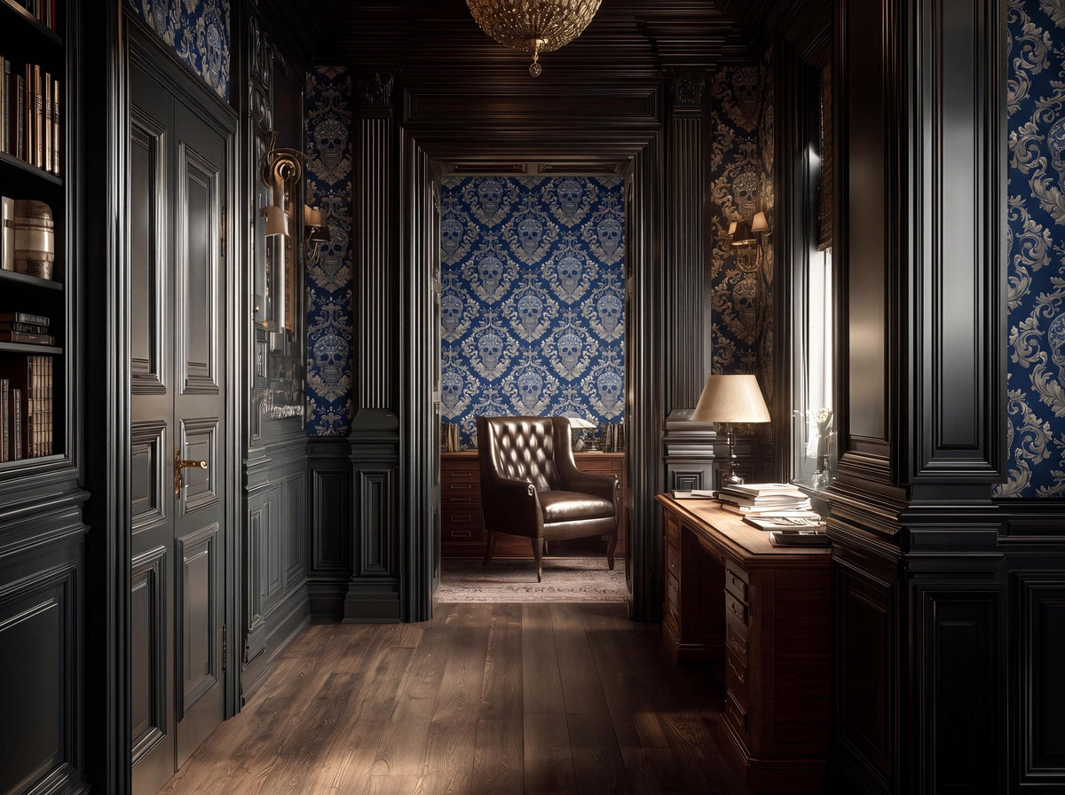 a luxurious and ornate room with dark wood paneling, a high ceiling, and a chandelier. The room features a large window, a desk with a lamp, and a leather armchair. The walls are covered in blue and white patterned wallpaper, and the floor is made of dark wood.