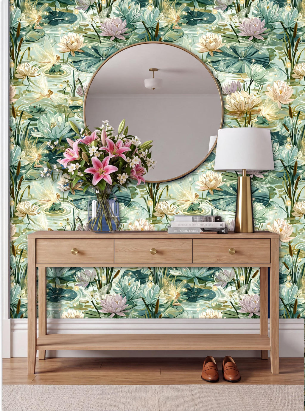 a wooden console table with a round mirror above it, set against a wall with a vibrant, colorful wallpaper pattern of water lilies and other aquatic plants. The table also holds a vase of pink flowers and a lamp, creating a cozy and inviting atmosphere.