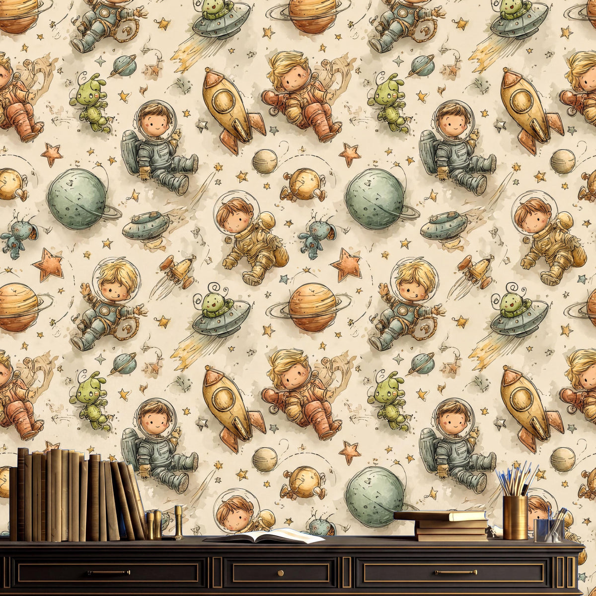 a wallpapered wall with a whimsical space theme, including various cartoon-style astronaut characters, planets, and other celestial objects. There are also books and a cup visible on a shelf below the wall.