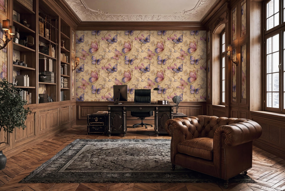 a luxurious and well-appointed home office with a large, ornate wallpaper featuring a floral pattern. The room is furnished with a leather armchair, a wooden desk, and a large window that allows natural light to flood the space. The room also includes a bookshelf filled with books and various decorative items, creating a cozy and intellectual atmosphere.
