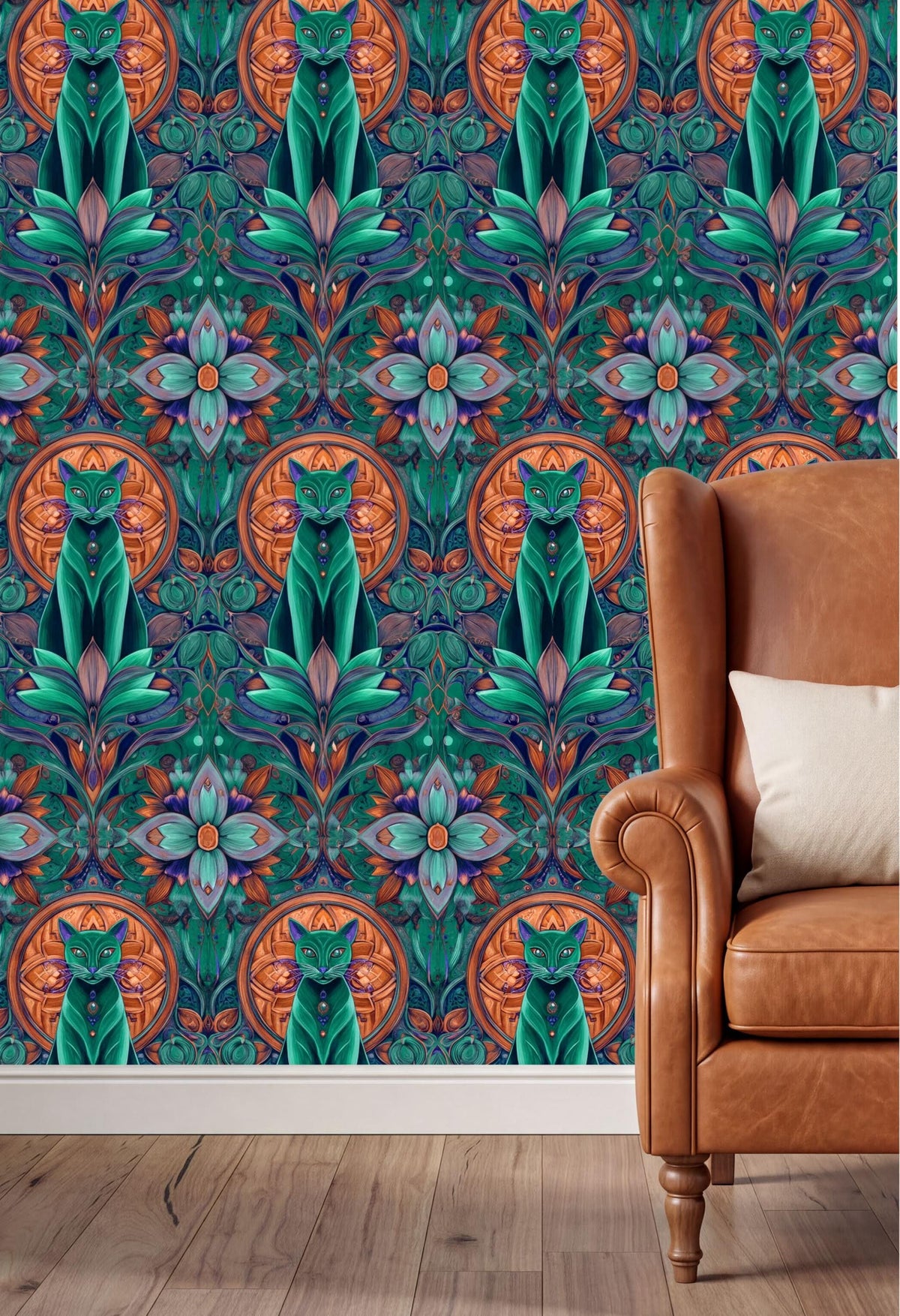 a vibrant, colorful wallpapered wall with a repeating pattern of green cats and flowers in shades of blue, orange, and pink. The wall is situated next to a brown leather armchair, creating a cozy and inviting atmosphere.