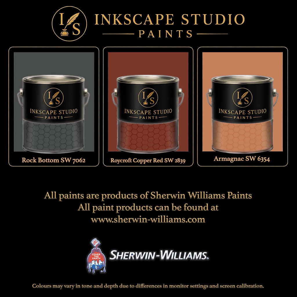 The image is an advertisement for Sherwin Williams paints, featuring three different paint colors: Rock Bottom SW 7062, Roycroft Copper Red SW 889, and Armagnac SW 6354. The text highlights that all paints are products of Sherwin Williams, and the website www.herwin-williams.com is provided for further information. The image also mentions that the colors may vary in tone and depth due to differences in monitor settings and screen calibration.