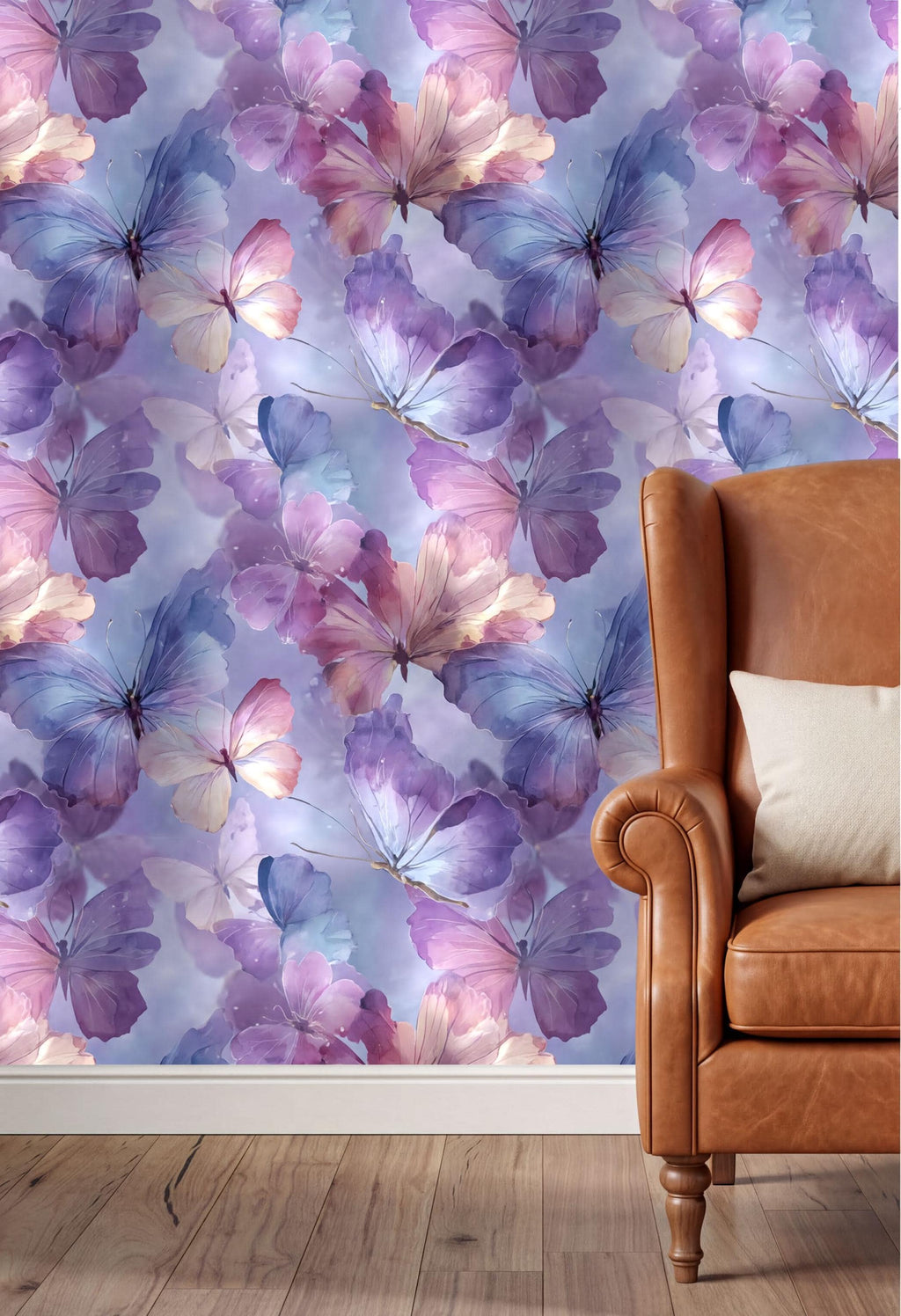 a vibrant and colorful wallpaper with a repeating pattern of purple and pink butterflies. The wallpaper is displayed on the wall behind a brown leather armchair, creating a visually striking and harmonious interior design.