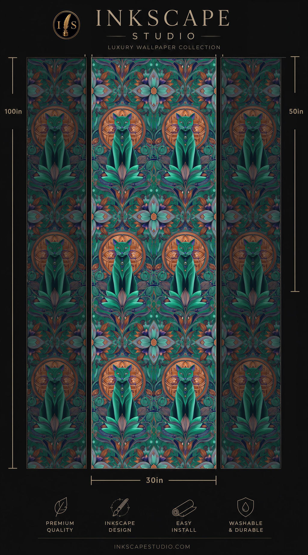 The image is a collage of three panels featuring a repeating pattern of green cats sitting on lotus flowers against a dark background. The panels are arranged in a vertical format, with the largest panel at the top and the smallest at the bottom. The image is described as a luxury wallpaper collection, and it is 30 inches wide. The image also includes some text that provides information about the wallpaper, such as its premium quality, easy installation, and washable and durable nature.