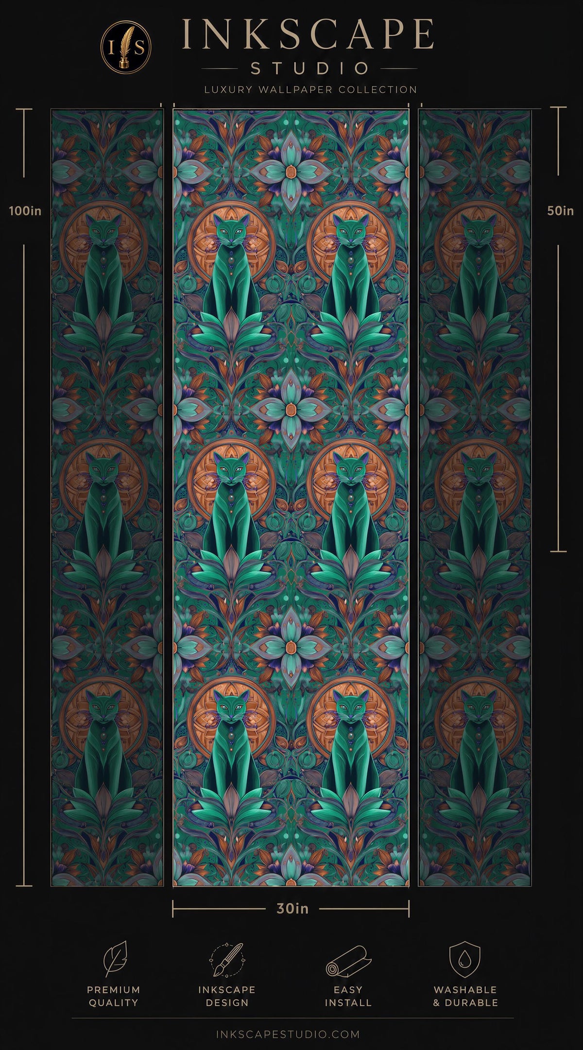 The image is a collage of three panels featuring a repeating pattern of green cats sitting on lotus flowers against a dark background. The panels are arranged in a vertical format, with the largest panel at the top and the smallest at the bottom. The image is described as a luxury wallpaper collection, and it is 30 inches wide. The image also includes some text that provides information about the wallpaper, such as its premium quality, easy installation, and washable and durable nature.