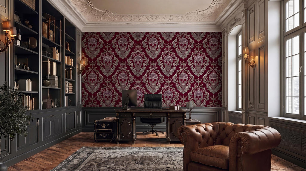 a luxurious and elegant home office with a large bookshelf, a patterned wallpaper, a desk, a leather armchair, and a large window.