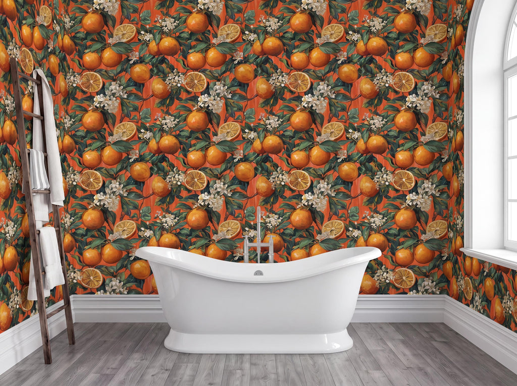 a bathroom with a white freestanding bathtub in the center, surrounded by a vibrant orange and green wallpaper with orange and white flowers.