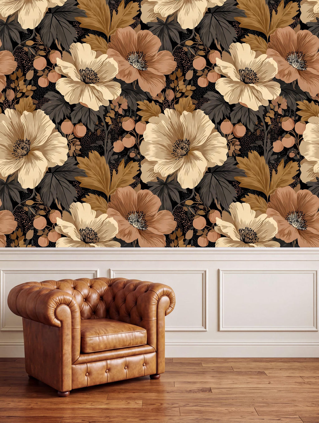 a brown leather armchair positioned in front of a wall with a floral wallpaper pattern.