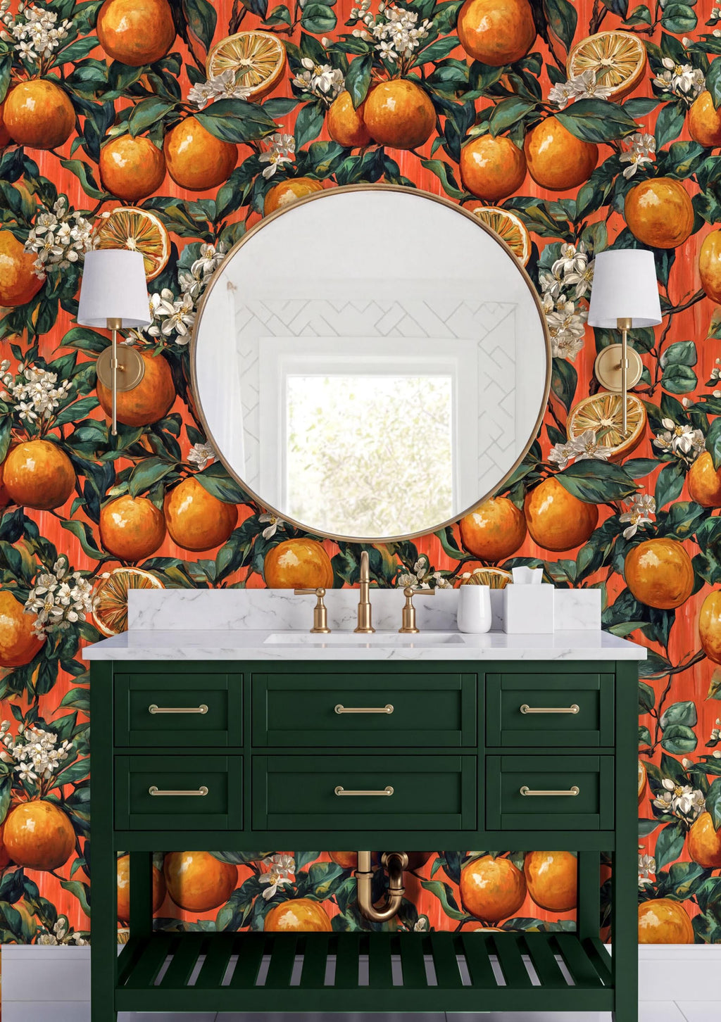 a bathroom vanity with a green cabinet and a round mirror above it, set against a vibrant orange and green wallpaper with orange and green illustrations of oranges and leaves.