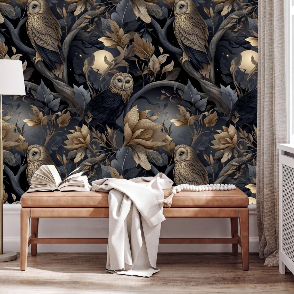 a dark, ornate wallpapered wall with a detailed illustration of owls and foliage. In the foreground, there is a wooden bench with an open book and a white blanket draped over it.
