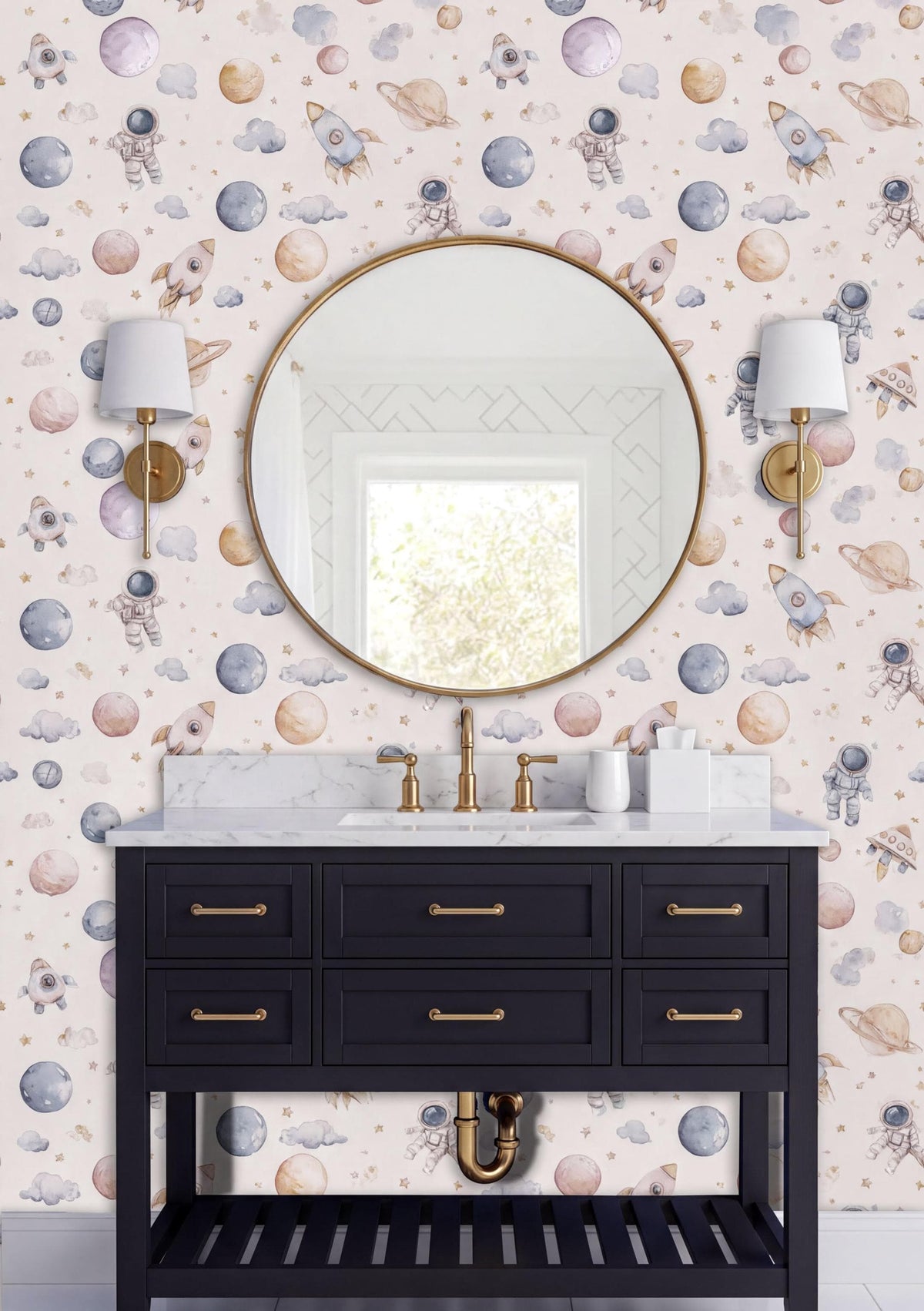 a bathroom with a black vanity and a round mirror above it. The walls are decorated with a space-themed wallpaper, and there are two white lamps on either side of the mirror.