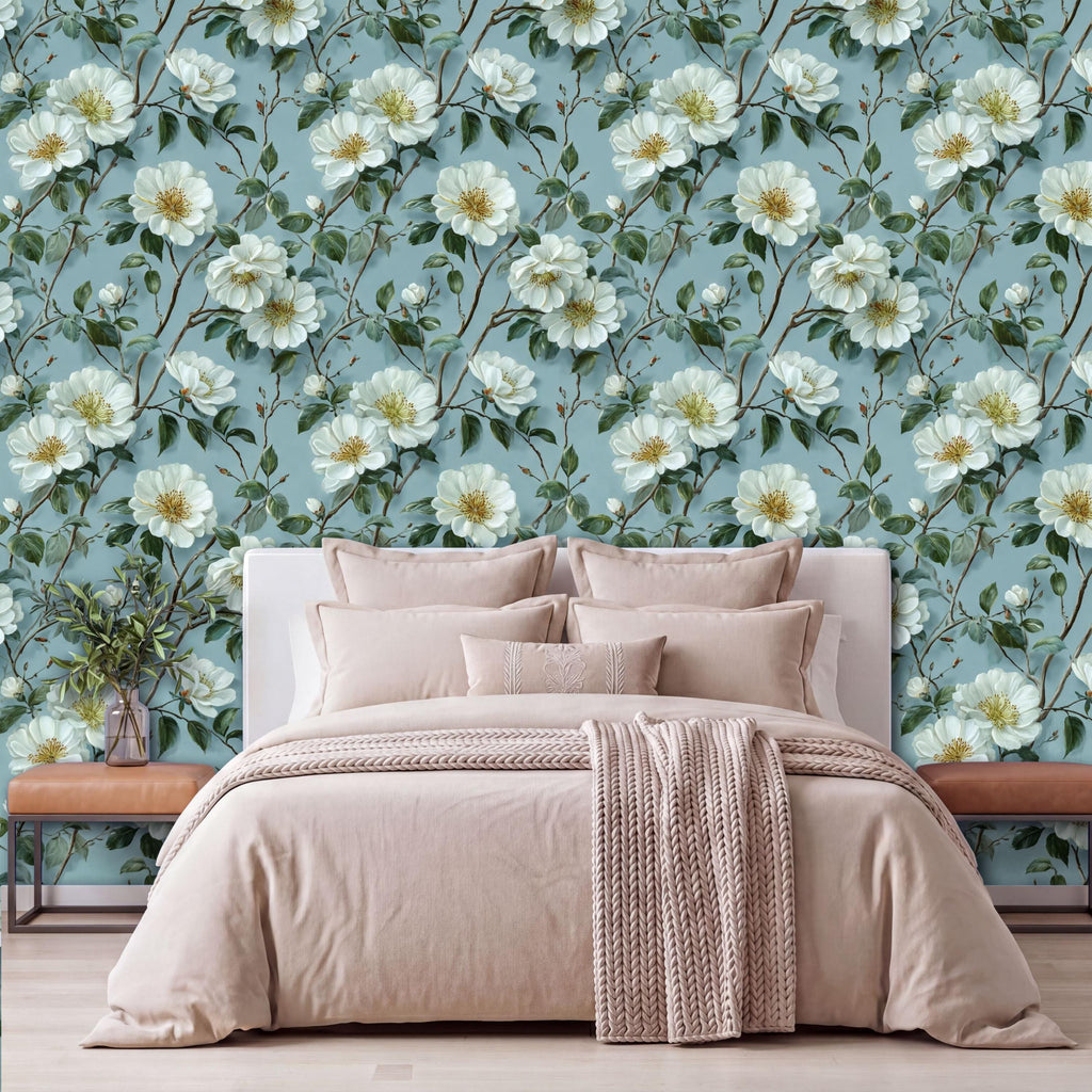 a bedroom with a large bed, a wooden nightstand, and a wallpapered wall with a floral pattern.