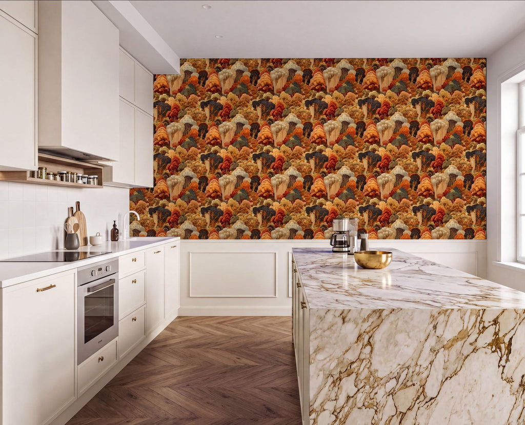 a modern kitchen with a marble countertop and a large wallpapered wall featuring a repeating pattern of orange and brown flowers. The kitchen is well-equipped with white cabinets and a stainless steel oven.