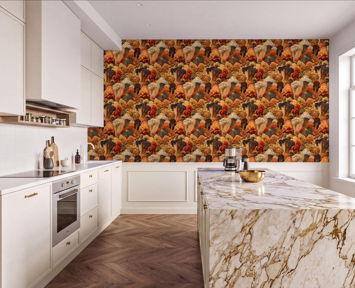 a modern kitchen with a marble countertop and a large wallpapered wall featuring a repeating pattern of orange and brown flowers. The kitchen is well-equipped with white cabinets and a stainless steel oven.