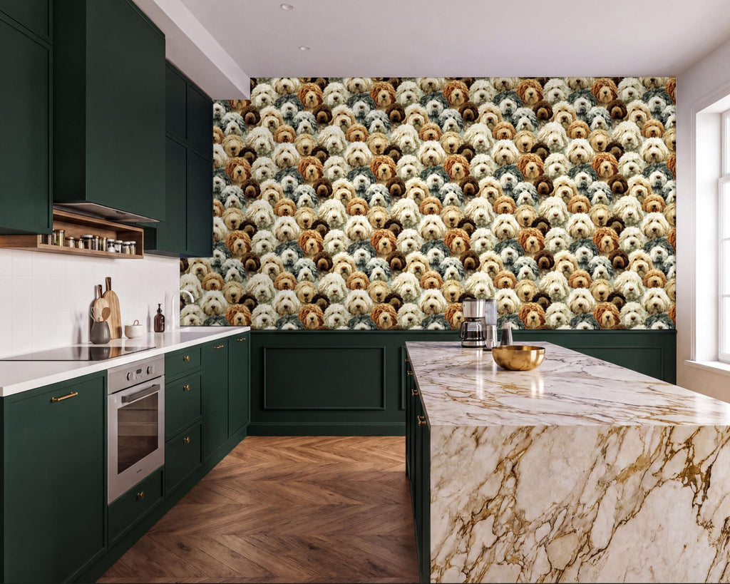 a modern kitchen with a large wallpapered wall displaying a repeating pattern of dog faces in various colors. The kitchen has green cabinets, a marble countertop, and a stainless steel oven.