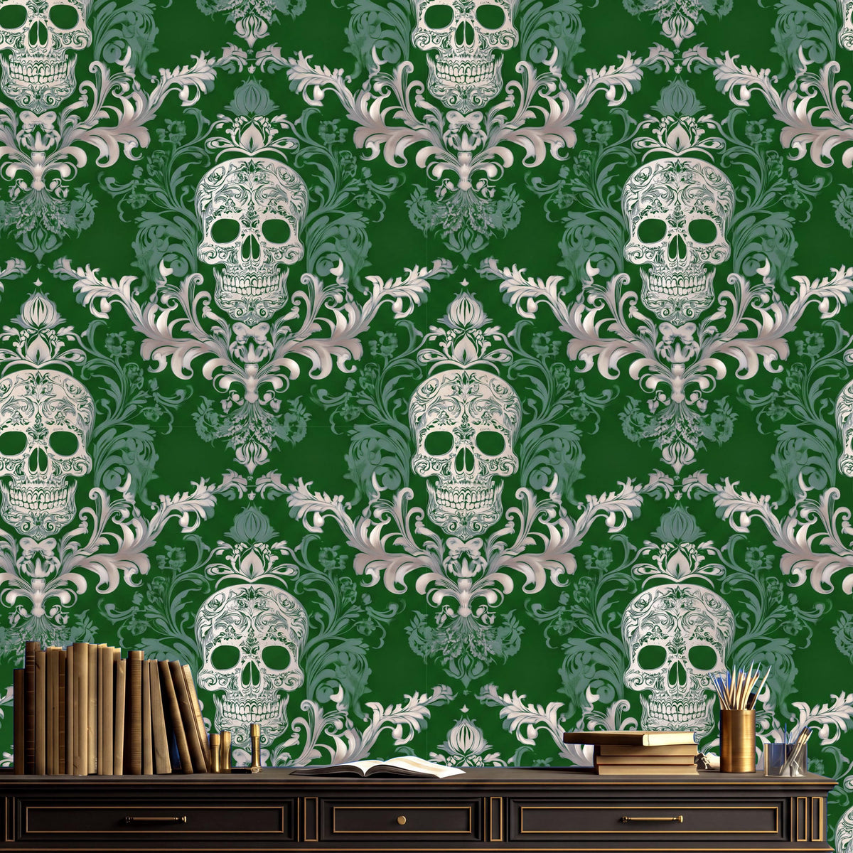a dark wood desk with a collection of books and a vase of flowers on it. The desk is set against a wall with a repeating pattern of white skull designs in green and white, creating a striking and visually appealing backdrop.