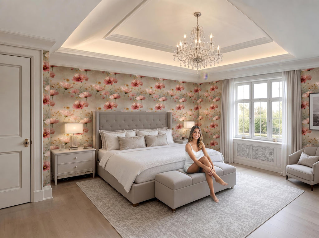 A woman sits on a gray ottoman in a luxurious bedroom with a large bed, floral wallpaper, and a chandelier overhead.