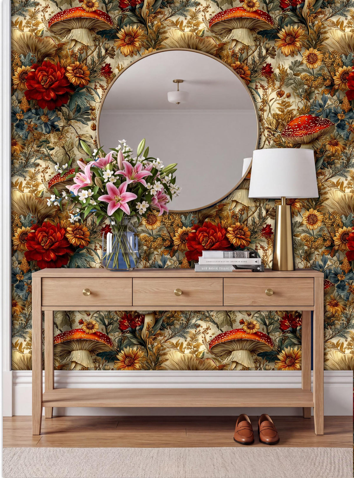 a wooden console table with a round mirror above it, set against a wall with a vibrant floral wallpaper. The table has a vase of flowers and a lamp on it, creating a cozy and inviting atmosphere.