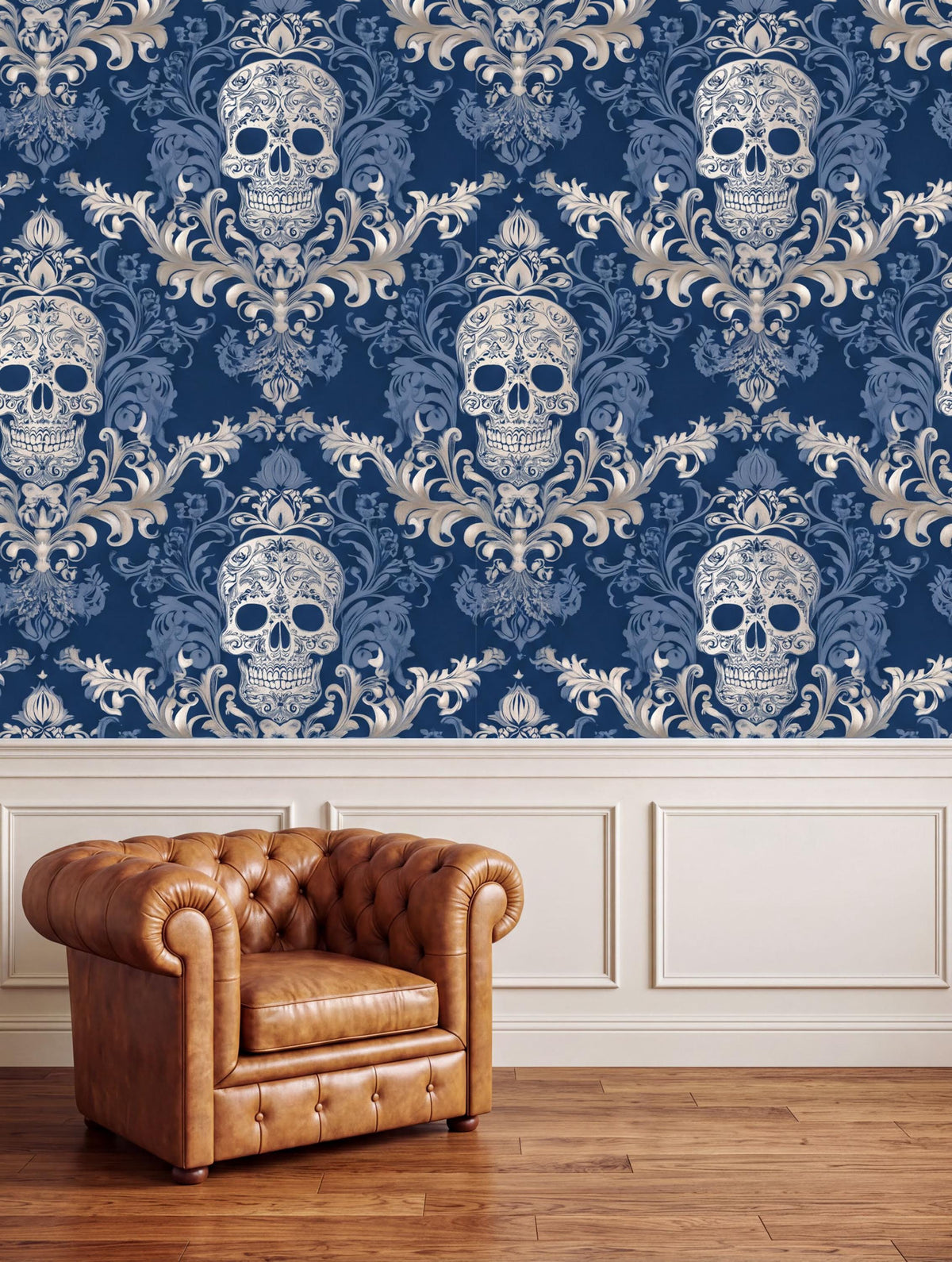 a dark blue wallpaper with a repeating pattern of white skulls and ornate designs, creating a striking and dramatic visual effect. In the foreground, there is a brown leather armchair, which adds a touch of elegance and sophistication to the room.
