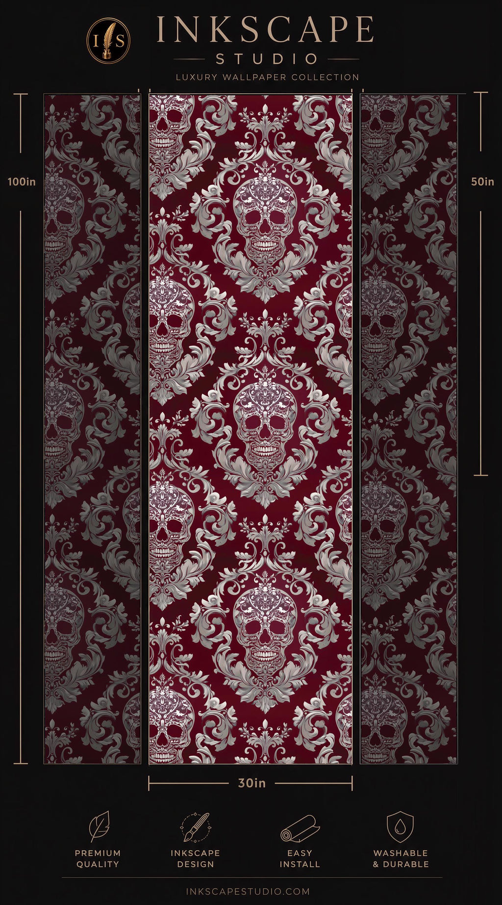 The image is a collage of three images featuring a red and white damask pattern with a skull design. The images are arranged in a vertical format, with the top image being the largest and the bottom image being the smallest. The images are described as a luxury wallpaper collection, and the dimensions are provided in inches. The website "INKScape Studio" is also mentioned.
