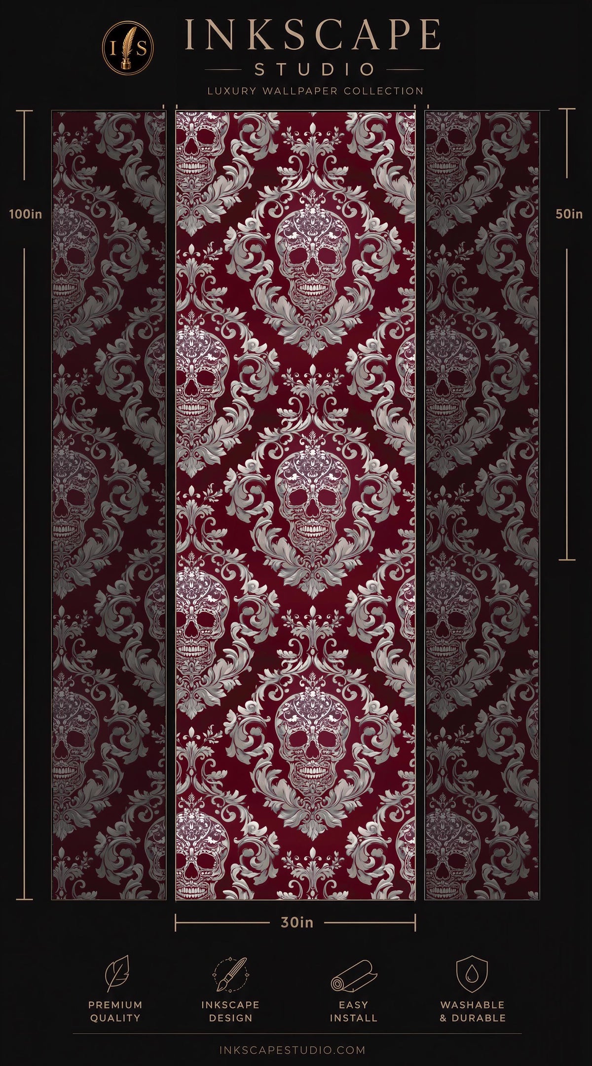 The image is a collage of three images featuring a red and white damask pattern with a skull design. The images are arranged in a vertical format, with the top image being the largest and the bottom image being the smallest. The images are described as a luxury wallpaper collection, and the dimensions are provided in inches. The website "INKScape Studio" is also mentioned.