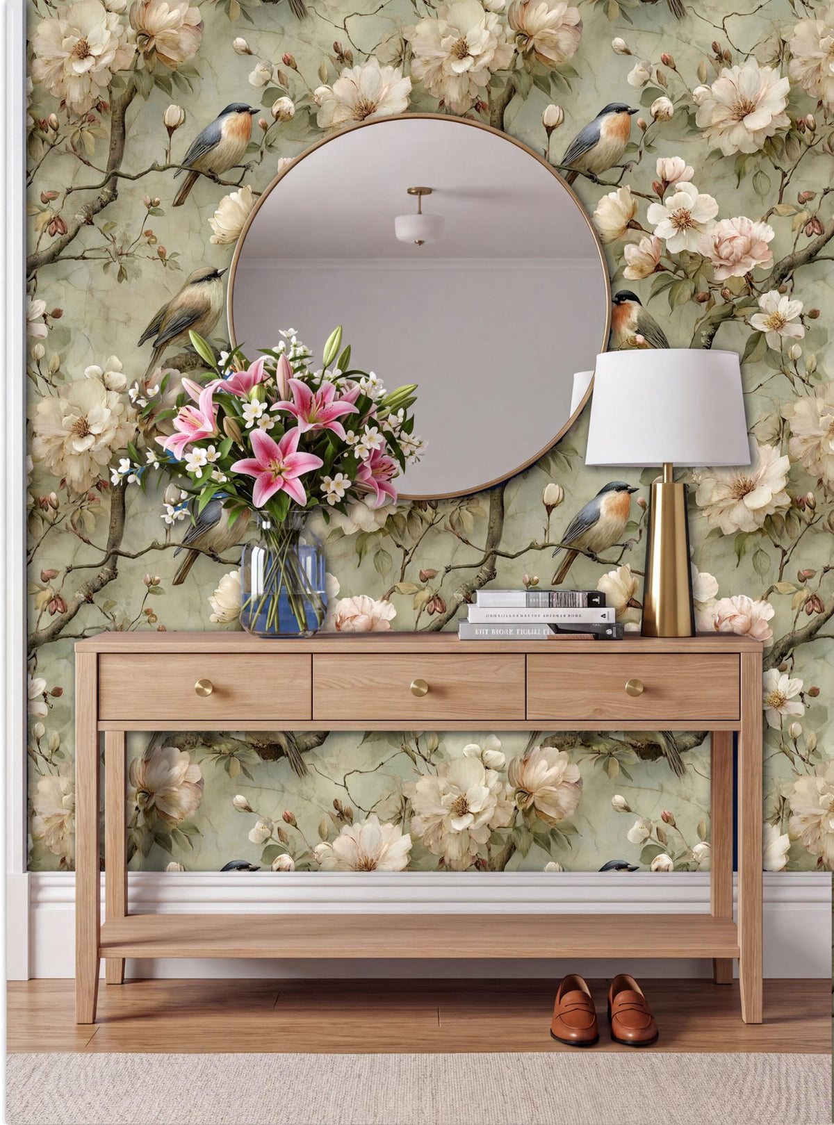 a wooden console table with a round mirror above it, a vase of pink flowers, a lamp, and a pair of brown shoes placed on the floor. The wall behind the table has a floral wallpaper pattern.