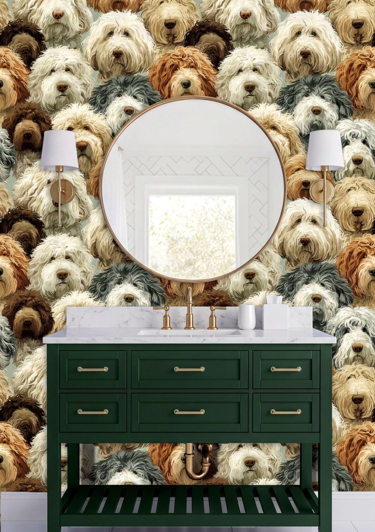 a bathroom vanity with a green cabinet and a round mirror, set against a wall with a repeating pattern of brown and white dog faces.