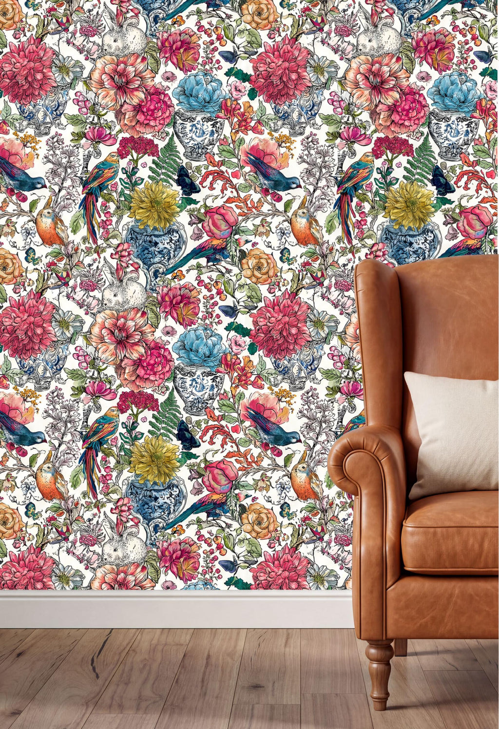 a vibrant floral wallpaper with a variety of colorful flowers and birds, creating a lively and cheerful atmosphere. In the foreground, there is a brown leather armchair with a white pillow, adding a touch of elegance to the scene.