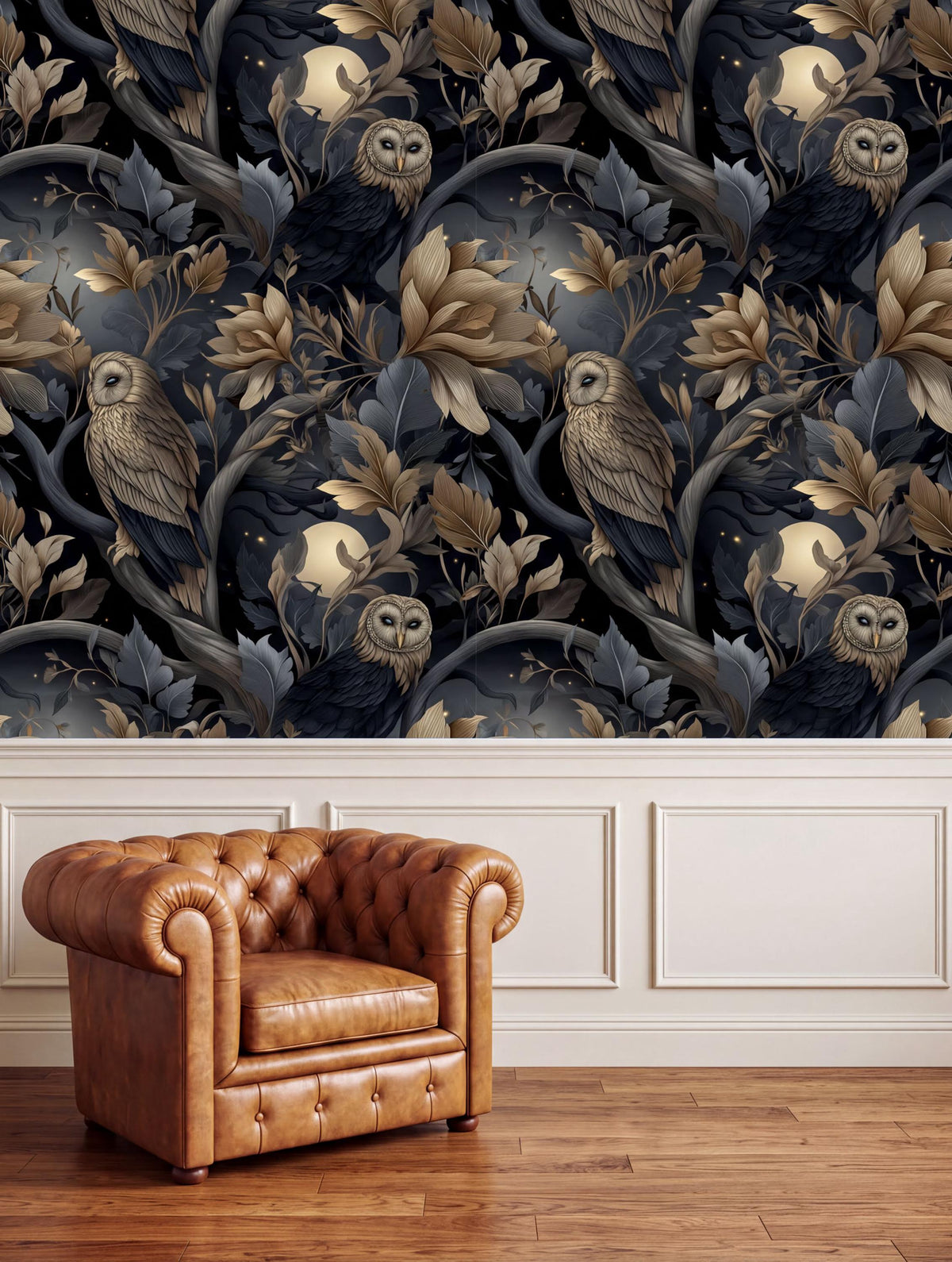 a dark, ornate wallpaper with a repeating pattern of owls and flowers, creating a striking and intricate design. In the foreground, there is a brown leather armchair, providing a contrast to the dark tones of the wallpaper.