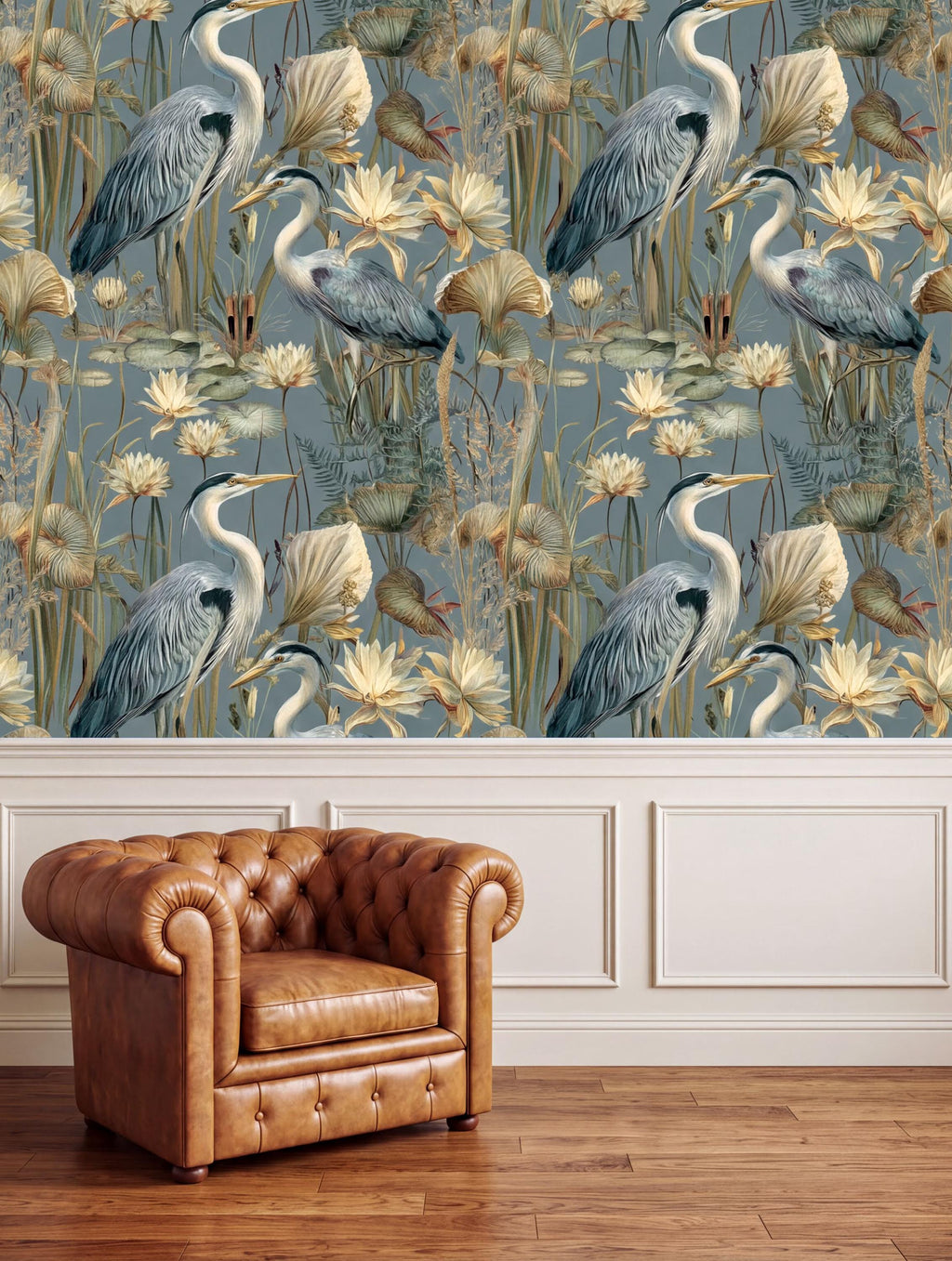 a large wallpapered wall with a repeating pattern of blue herons and yellow flowers. In the foreground, there is a brown leather armchair, and the floor is made of wood.