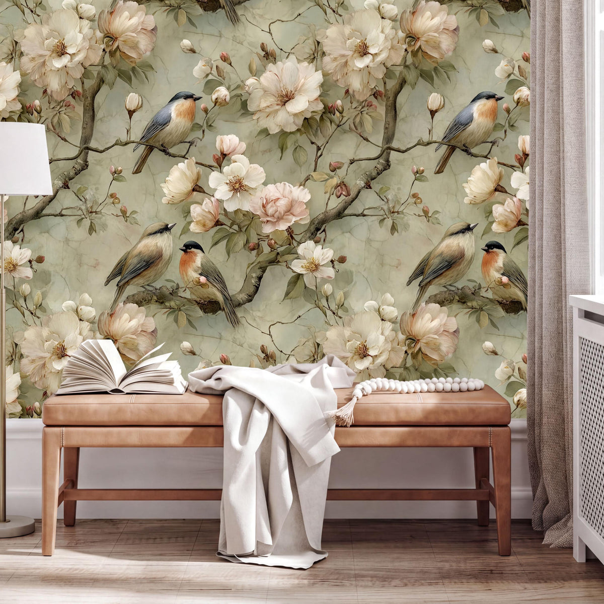 a wallpapered wall with a floral design of birds perched on branches and flowers. In front of the wall, there is a wooden bench with an open book and a white blanket on it.