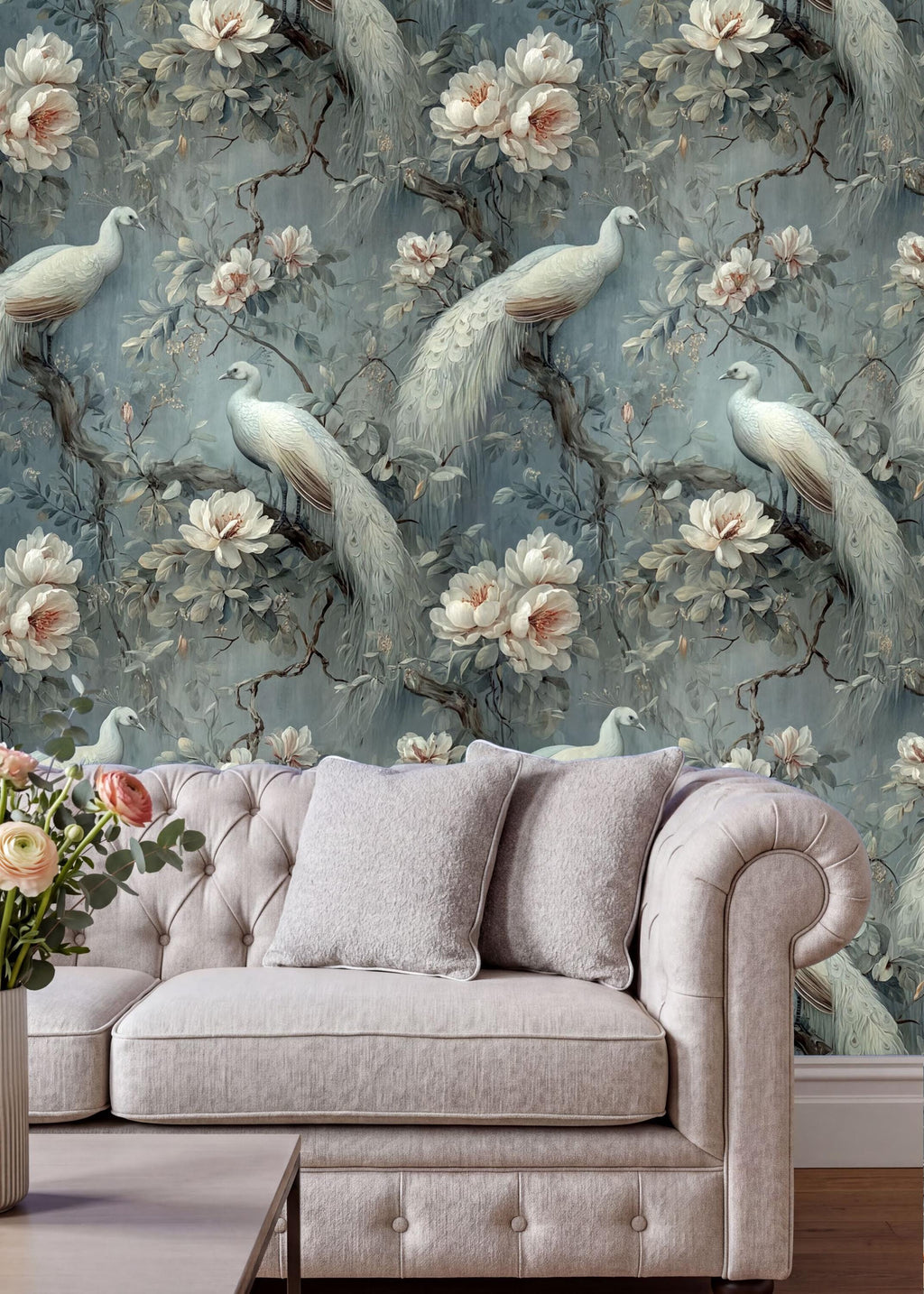 a living room with a white tufted sofa and a vase of flowers on a coffee table. The walls are covered in a floral wallpaper with white peacocks and pink flowers.