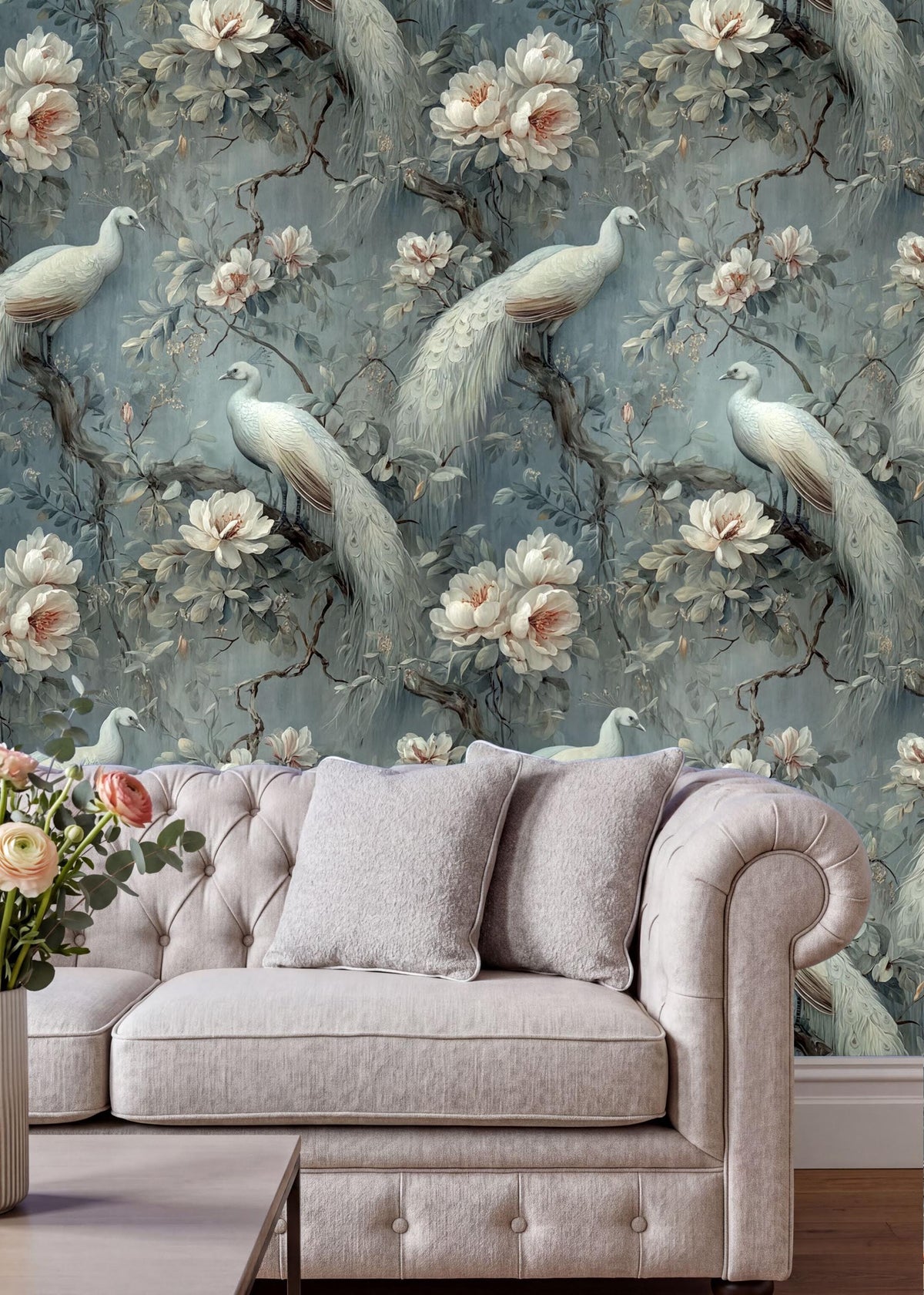 a living room with a white tufted sofa and a vase of flowers on a coffee table. The walls are covered in a floral wallpaper with white peacocks and pink flowers.