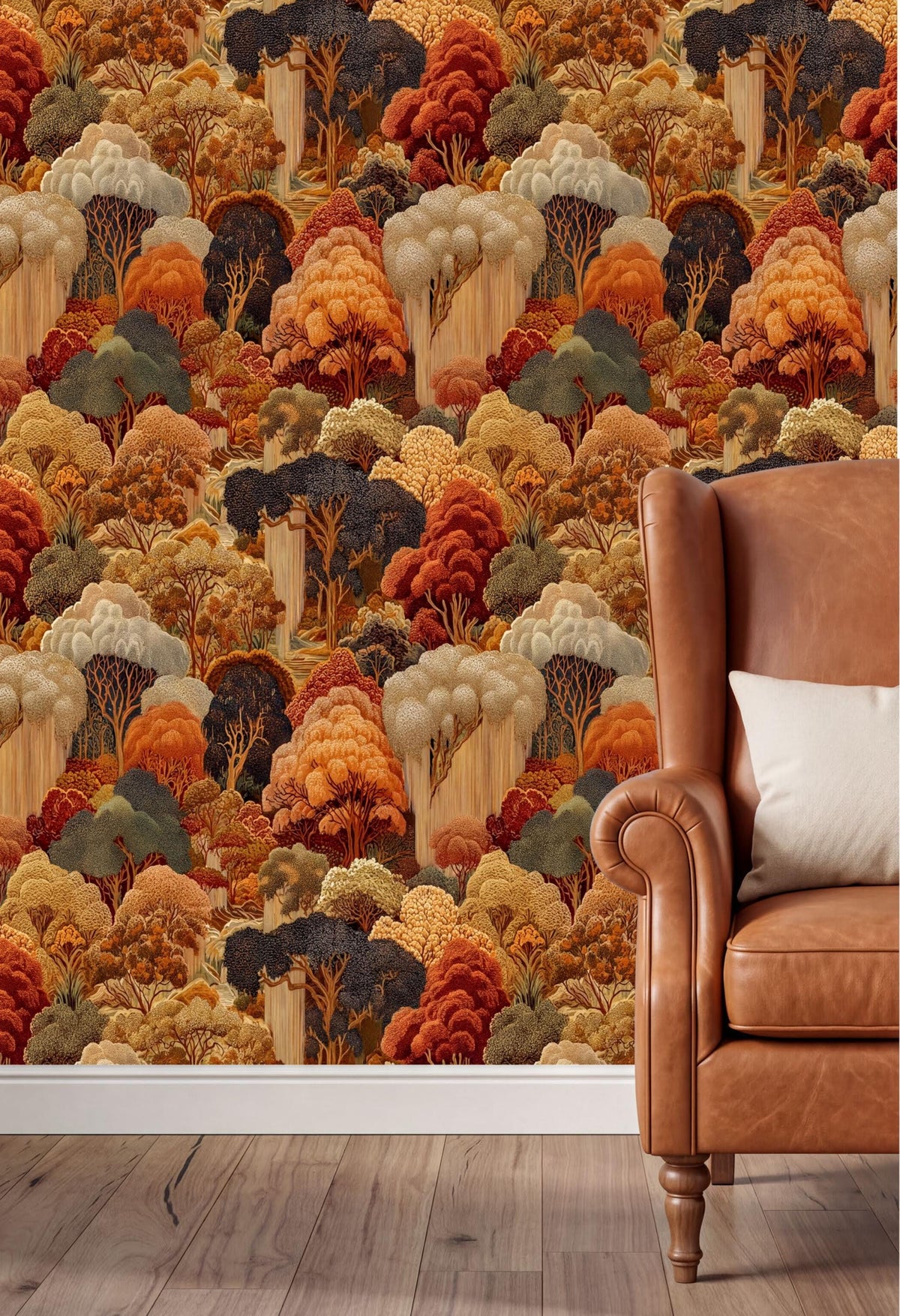 a vibrant wallpaper with a repeating pattern of trees in various shades of orange, yellow, and green, creating a lush and colorful forest scene. The wallpaper is set against a wooden floor and a brown leather armchair, which adds a cozy and inviting atmosphere to the space.